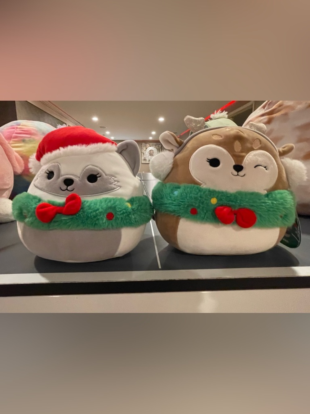 Squishmallows White Fox & Brown Reindeer Plush with Red Hats and Green Scarves